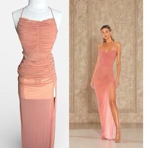 Michael Costello X Revolve Designer Maxi Dress XS Peach Coral Sheer Ruched Slit